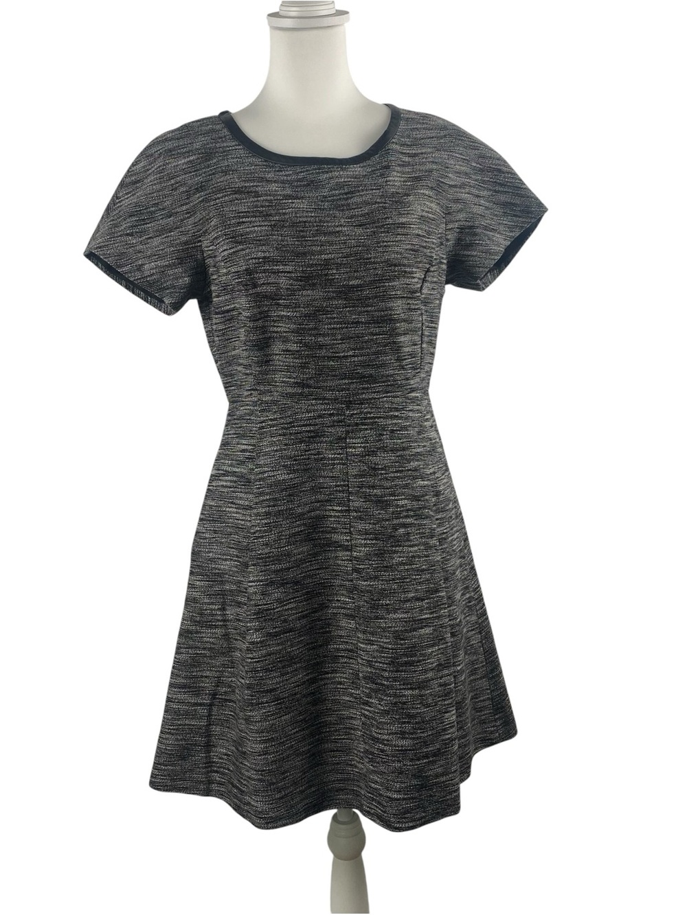 Madewell Gray Tweed Fit & Flare Leather Trim Dress Size 6 Quiet Luxury, Career